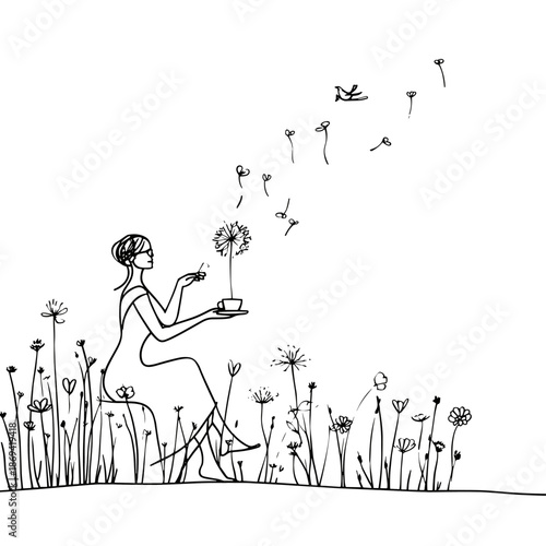 Minimalist line art of flowers with whimsical birds