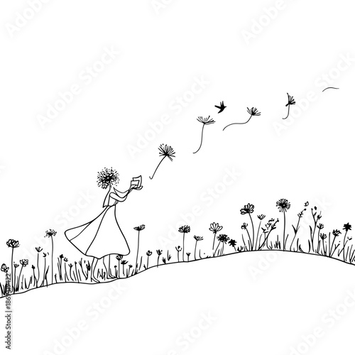 Minimalist line art of flowers with whimsical birds