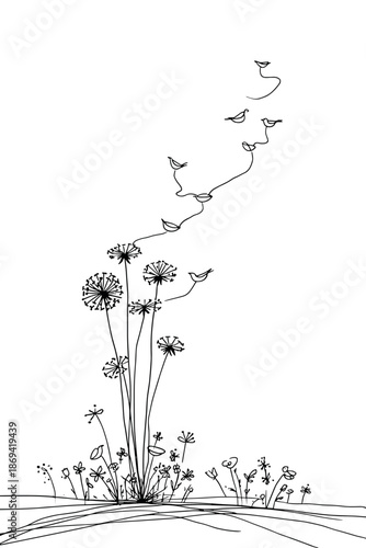 Minimalist line art of flowers with whimsical birds