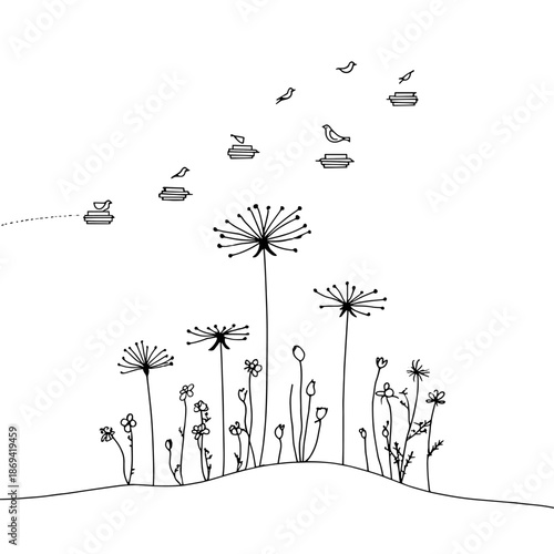 Minimalist line art of flowers with whimsical birds
