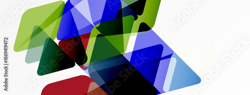 Abstract geometric shapes overlap. Colors include green, blue, red, black, white. Composition feels dynamic, modern.