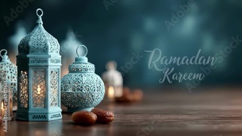 Elegant lanterns and dates on a wooden surface with a blurred blue background