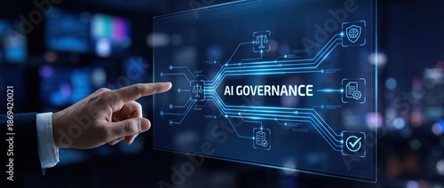 AI Governance: Hand Touching Digital Interface with Legal and Ethical Icons