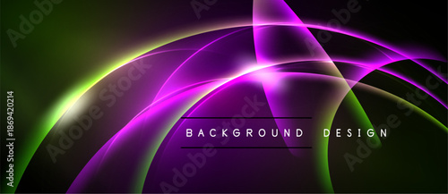 Abstract vibrant design features flowing curves, gradients. Purple, green hues dominate dark background. Text reads background design.