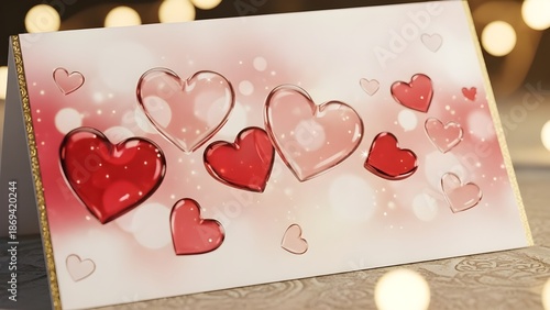 Valentine's Day card with floating, translucent hearts in a spectrum of reds, set within a luminous bokeh atmosphere
