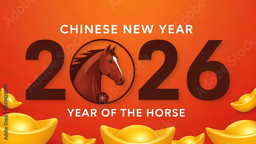 Celebrate the upcoming 2026 Lunar New Year of the Horse with festive greetings and golden symbols of prosperity and good fortune