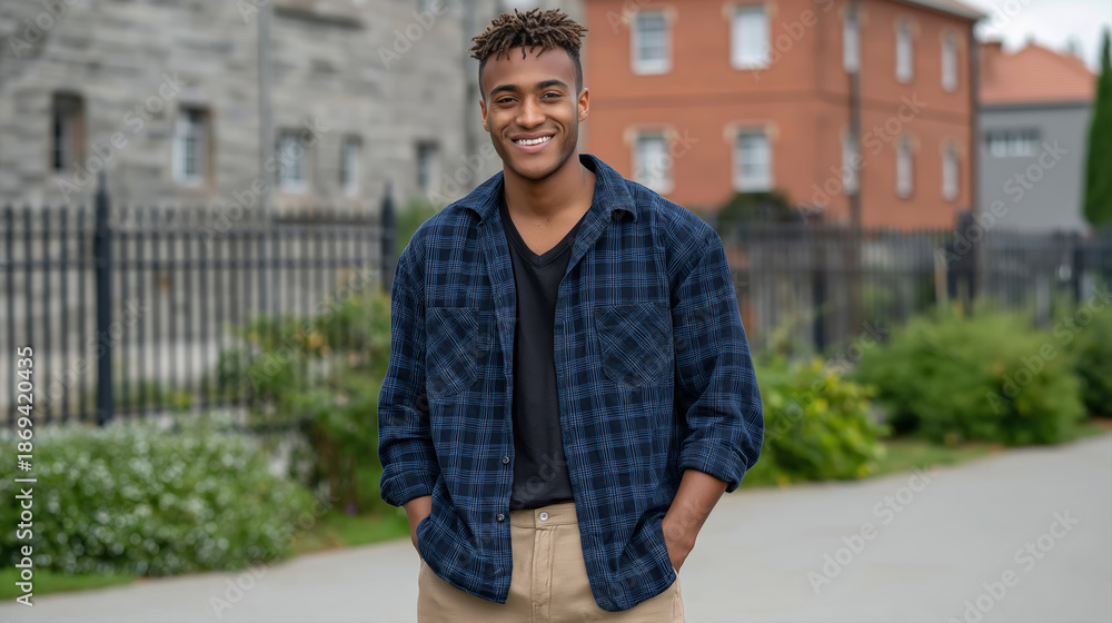 Fototapeta premium Smiling young man in casual shirt walking through city neighborhood modern lifestyle and male portrait