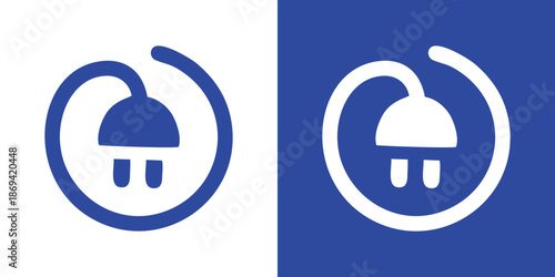Modern electric plug icons on contrasting white and blue backgrounds, symbolizing power and energy efficiency.