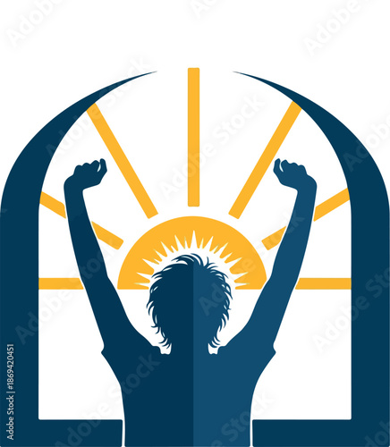 Print Silhouette of Person Greeting the Sunrise with Raised Arms