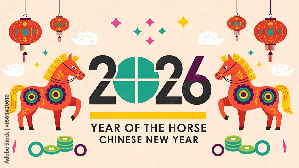 Obraz premium Celebrate the 2026 Year of the Horse with vibrant decorations for the exciting lunar new year festivities