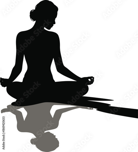 Solid Black Woman Sitting Cross Legged Admiring Reflection Self Love Silhouette