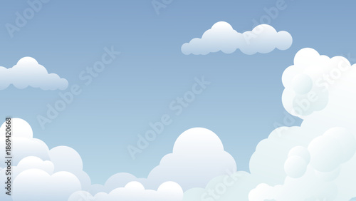 Cartoon sky landscape with fluffy clouds and green nature scenery, cute blue summer background vector illustration, smooth cloudscape, sunlight atmosphere, clean outdoor design with copy space