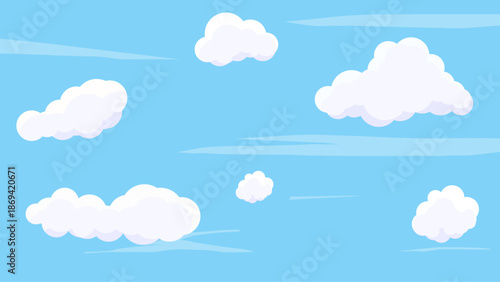 Cartoon sky landscape with fluffy clouds and green nature scenery, cute blue summer background vector illustration, smooth cloudscape, sunlight atmosphere, clean outdoor design with copy space