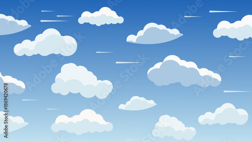 Cartoon sky landscape with fluffy clouds and green nature scenery, cute blue summer background vector illustration, smooth cloudscape, sunlight atmosphere, clean outdoor design with copy space