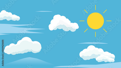 Cartoon sky landscape with fluffy clouds and green nature scenery, cute blue summer background vector illustration, smooth cloudscape, sunlight atmosphere, clean outdoor design with copy space