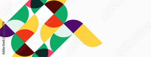 Abstract geometric shapes overlap, creating colorful pattern. White space dominates composition, offering clean aesthetic.