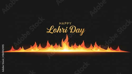 Vibrant orange and yellow flames on black background with happy lohri day text for festive celebration with fire and greeting and traditional