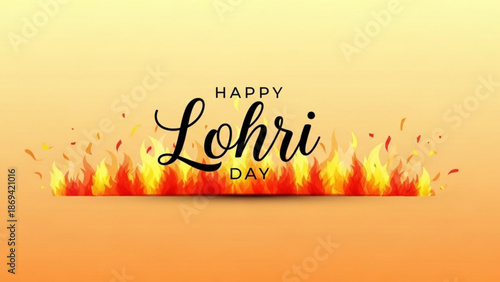 Vibrant lohri day celebration graphic with fiery flames and warm orange background with Happy Lohri Day and Indian festival and Punjabi festival