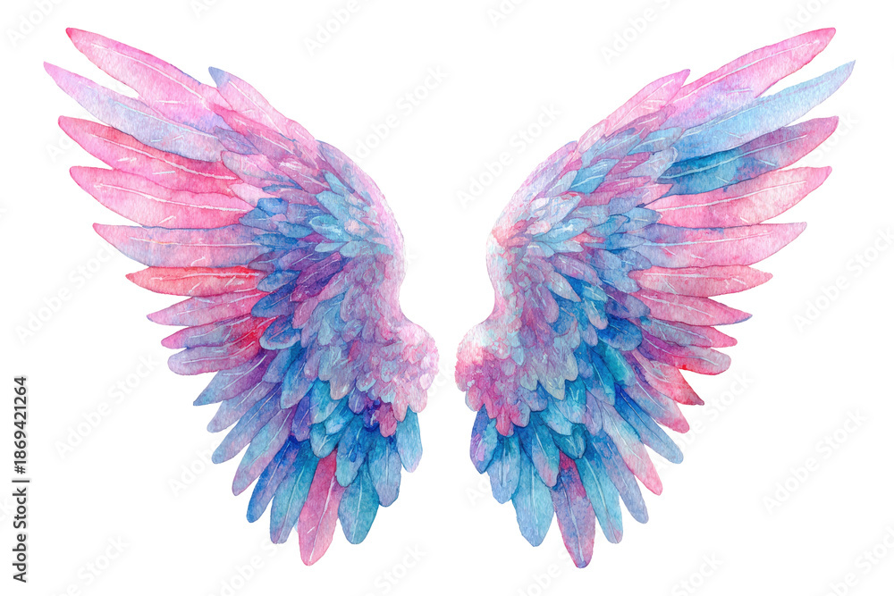 Obraz premium Vibrant Watercolor Angel Wings in Pastel Pink and Blue Hues Isolated on Transparent Background
