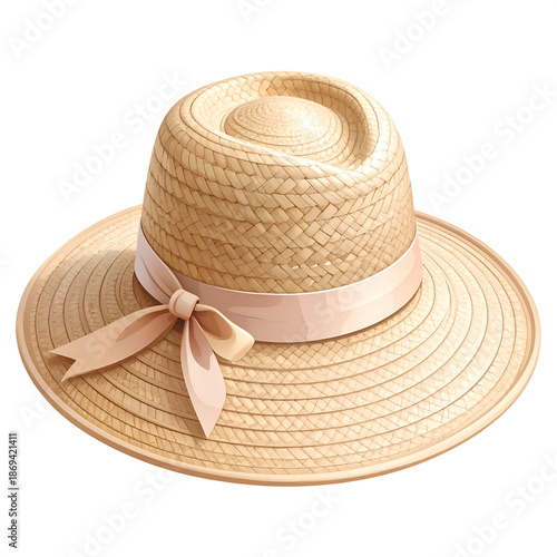 Elegant Straw Sun Hat With A Soft Pink Silk Ribbon Bow Isolated On White Background