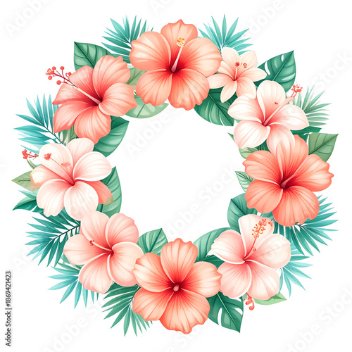 Tropical Hibiscus Flower Wreath with Exotic Palm Leaves for Summer Wedding Invitations and Floral Decor
