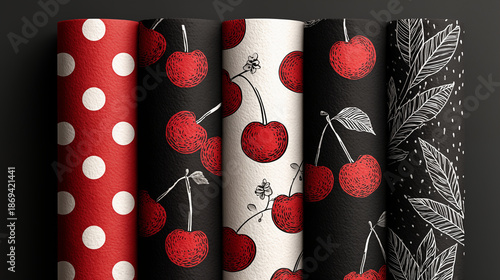 Textile fabric rolls with cherry pattern and botanical leaf design in red, black and white colors for fashion and home decor