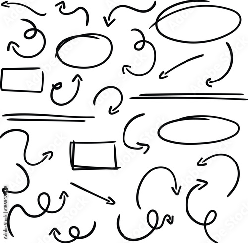 Hand drawn arrow set with crayon texture - curved and straight, spiral and wavy directional pointers for navigation or infographic design. Black sketchy marks on white bg for web and print projects.
