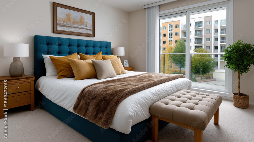 Fototapeta premium Modern bedroom interior with teal headboard sunlight and city view cozy home decor and real estate staging