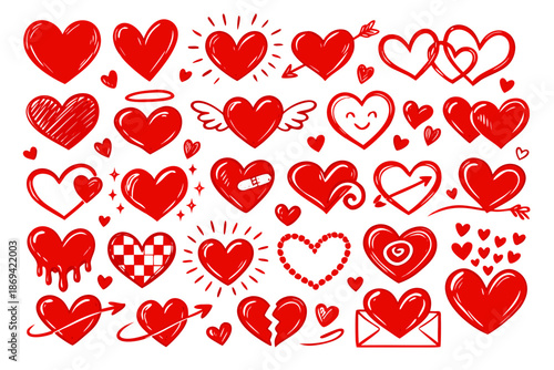 a big set of hand-drawn hearts isolated on a white background