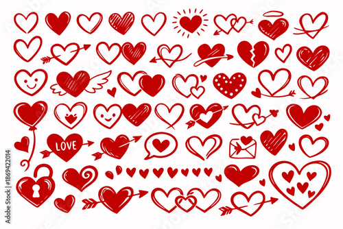  a big set of hand-drawn hearts isolated on a white background