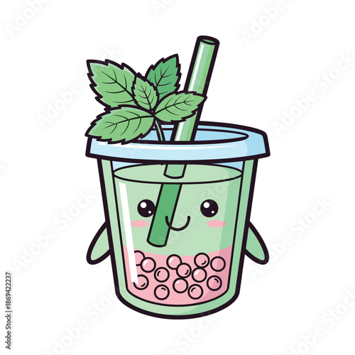 Kawaii Bubble Tea Illustration with Mint Leaves