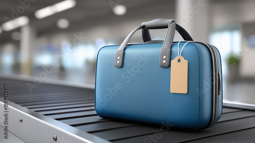 Blue suitcase on airport conveyor belt baggage claim travel luggage and modern tourism transport concept