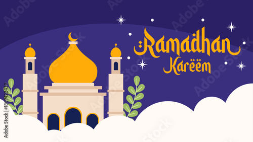 Ramadan Kareem Background with Mosque Silhouette and Clouds in Night Sky
