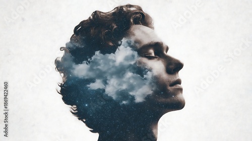 A serene portrait of a person with clouds and stars blended into their silhouette, symbolizing dreams and thoughts.