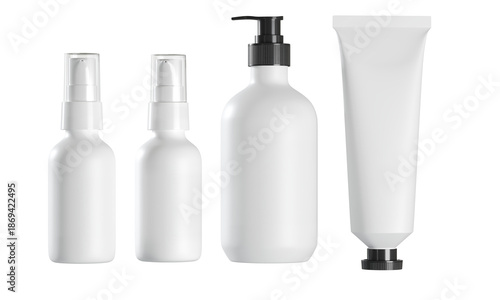 White Plastic Bottle Cosmetics mock up set isolate on white background. 3D rendering.