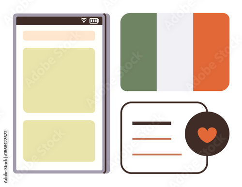 Social media, national pride, digital apps, user engagement, communication, love for culture. Mobile screen, Irish flag and a heart icon. Social media and national pride concept
