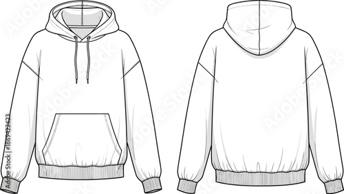 Blank hoodie front and back technical drawing, casual sweatshirt apparel mockup isolated on white background, fashion clothing vector illustration