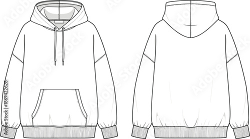 Blank hoodie technical flat sketch front and back views hooded sweatshirt apparel vector illustration clothing design template for fashion production