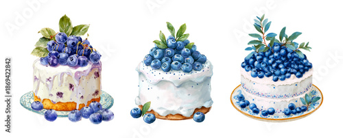 Watercolor blueberry cake set with cream frosting and fresh berries. Sweet birthday dessert collection featuring glazed pastry slices, cupcakes, and delicious treats. Vector illustration.
