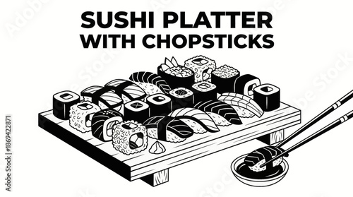 sushi pieces served with chopsticks and soy sauce Black and white vector illustration, designed in clean line art style for menus and branding