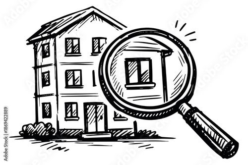 Hand drawn illustration of a house depicting inspection with a magnifying glass for property search
