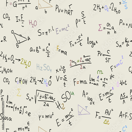 Seamless scientific pattern with hand drawn math, physics and chemistry formulas