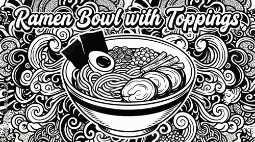 Japanese ramen bowl with noodles, egg, meat, and vegetables, showcasing popular Asian comfort food in minimal line style