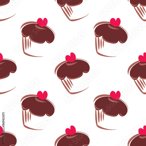 Seamless vector pattern or tile texture with chocolate cupcakes, muffins, sweet cake and pink heart isolated on white background. Sweets for valentines, wallpaper, desktop or culinary blog website.
