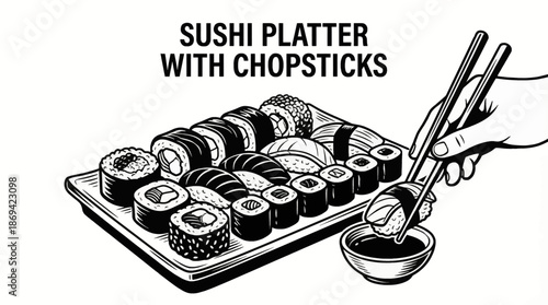 sushi pieces served with chopsticks and soy sauce Black and white vector illustration, designed in clean line art style for menus and branding