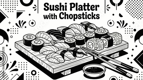 Black and white vector illustration of assorted sushi pieces served with chopsticks and soy sauce, designed in clean line art style for menus and branding