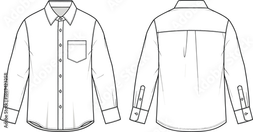 Men long sleeve button up shirt front and back view, classic apparel technical drawing, fashion vector illustration template