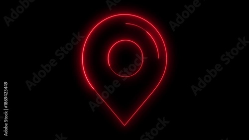 Glowing red neon location pin outline animation with radiating signal waves on a black background, GPS tracking, digital navigation, pinpoint delivery, augmented reality, or geospatial technology