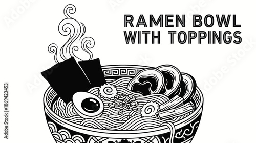 Japanese ramen bowl with noodles, egg, meat, and vegetables Monochrome vector illustration, showcasing popular Asian comfort food in minimal line style