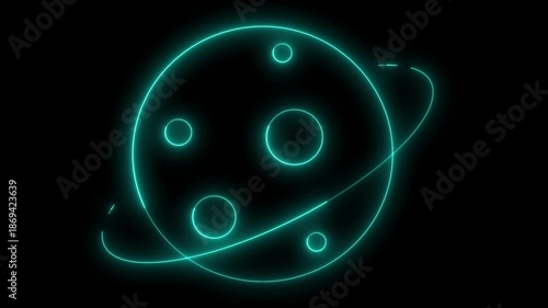 Glowing neon outline animation of a stylized planet with orbiting elements and internal circles on a dark background, ideal for astronomy, technology, science, or digital future
